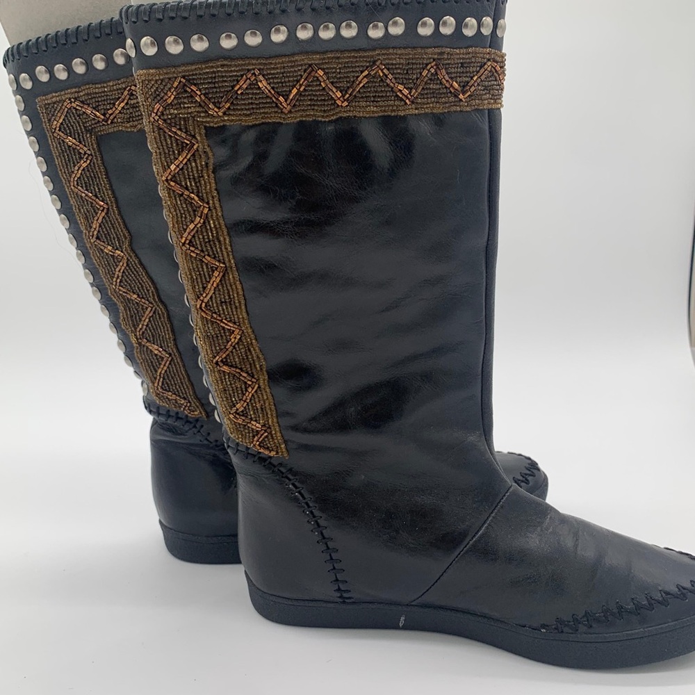House of Harlow 1960 Black Boots with Brown Zigzag and Studs